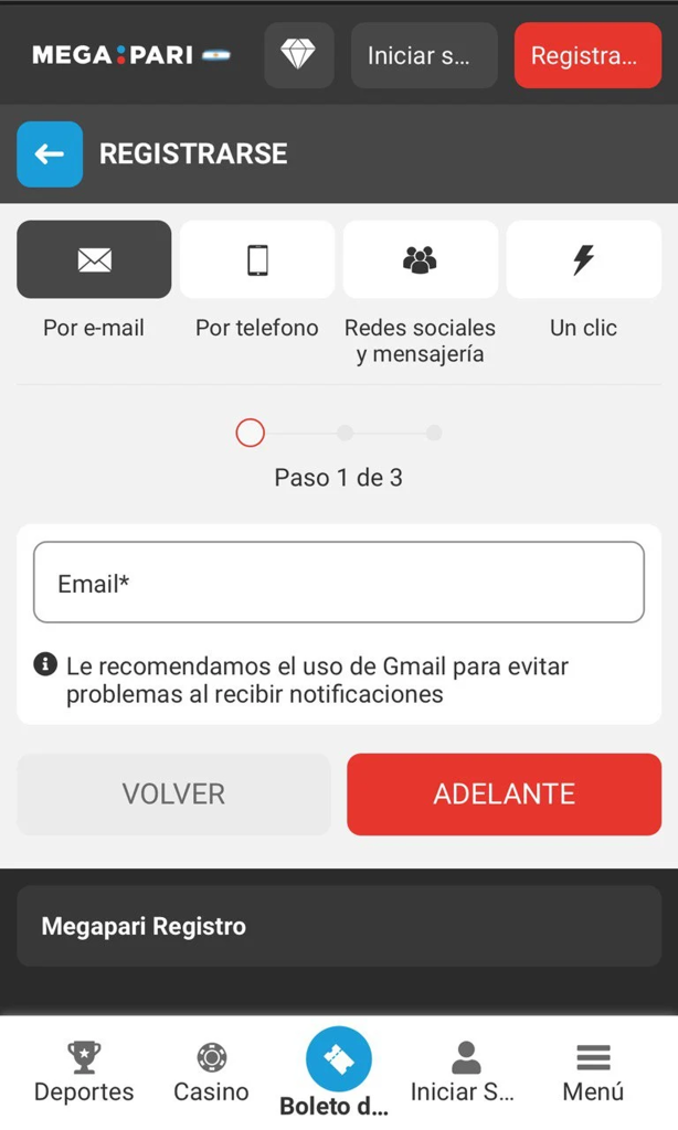 Registro en Megapari